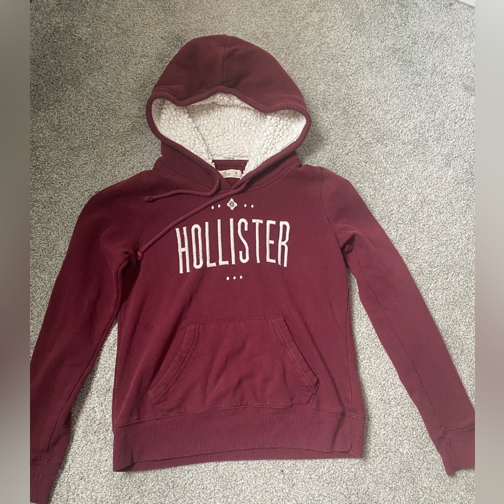 Hollister maroon sweatshirt with furry white hood, medium​​​​